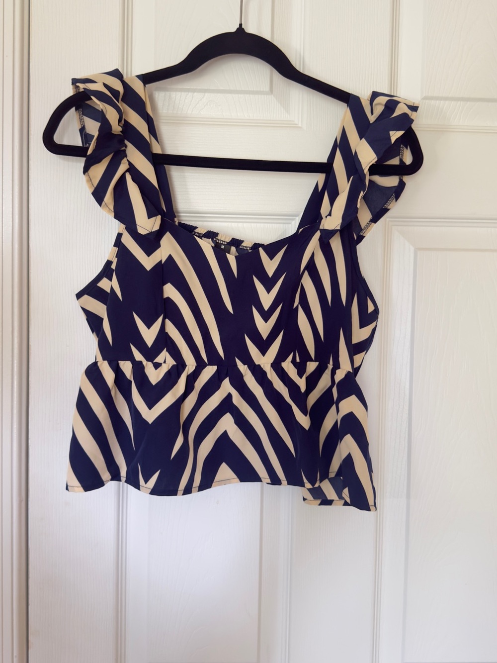 Navy and Cream Printed Ruffle Strap Peplum Top